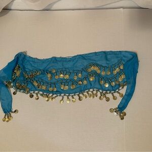 Blue Belly Dance Hip Scarf with Gold Coins